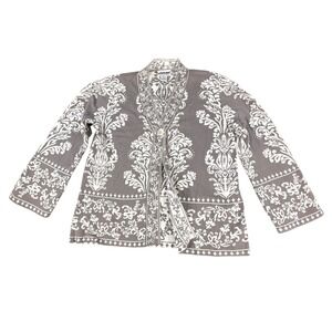 Vintage National Womens Grey White Damask Floral Cotton Knit Cardigan Sweater M